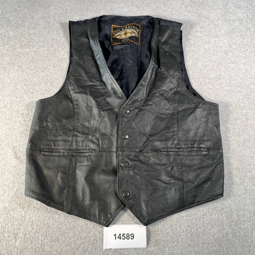 VTG Colebrook Co. Biker Vest Mens Large Black Leather V Neck Snap Front Casual